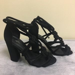 Black Knotted Rope Ankle Tie Block Heels